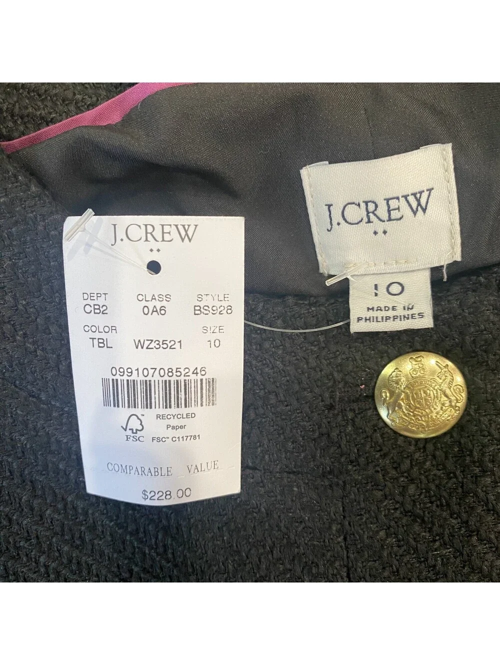 New! J.Crew Black Lady Tweed Jacket Size 10 Gold Button Academia Career Classic